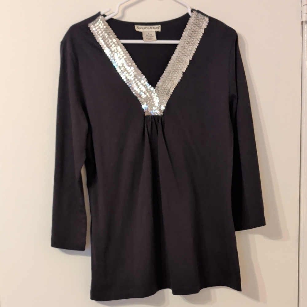 Susan Graver Black Long Sleeve Top with Silver Sequin Detail